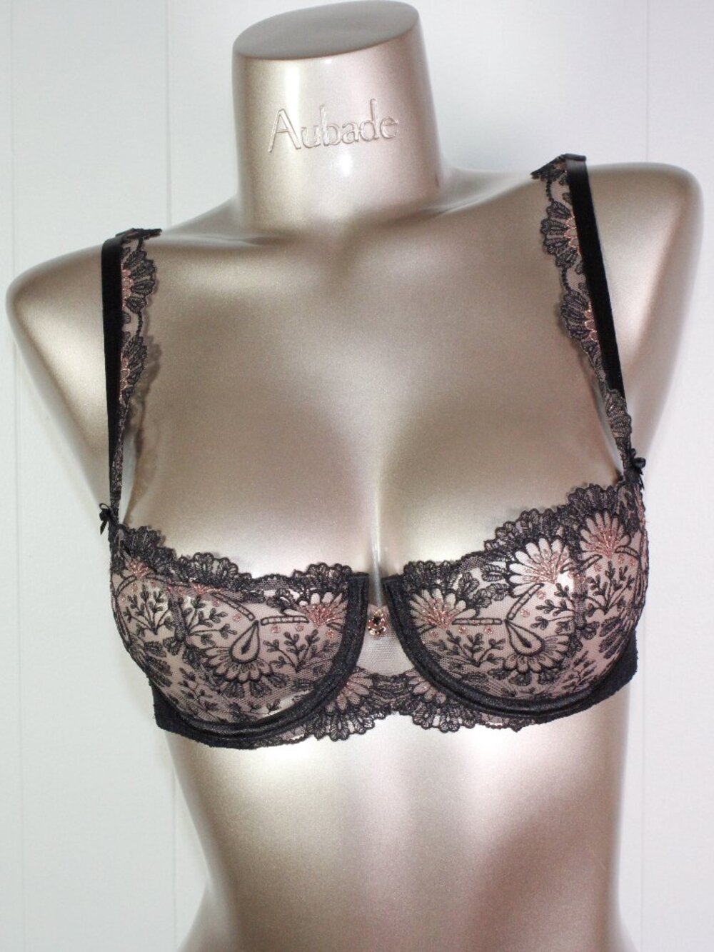 Aubade Paris Sample Art of Ink Black and Nude Embroidered Lingerie Bra 34B